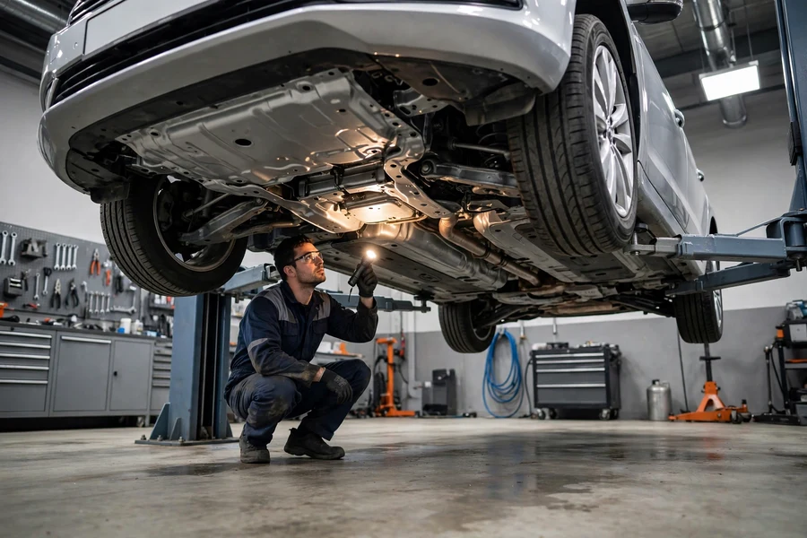 Technician with a flashlight inspecting the underside of a BMW raised on a lift