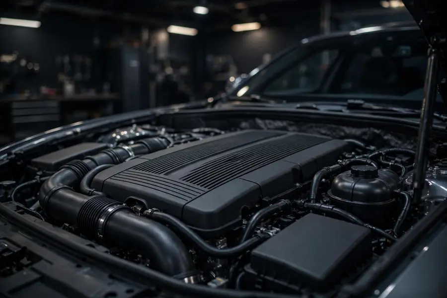 A BMW 3 Series engine bay at night under workshop lighting during a diagnostic inspection