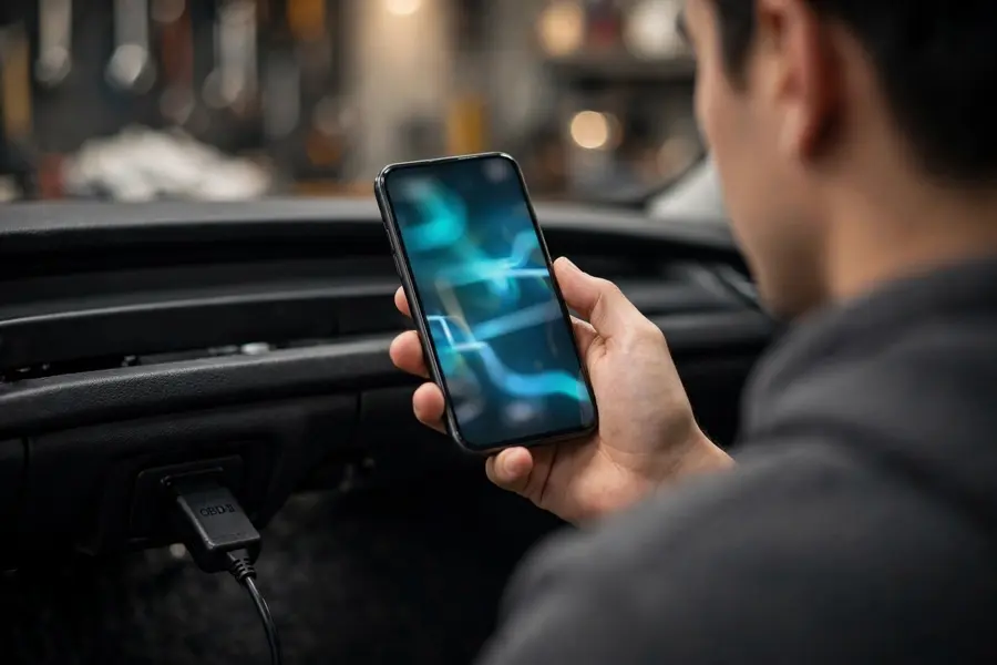 A BMW owner using a phone-based diagnostic app with an OBD adapter plugged into the car's diagnostic port