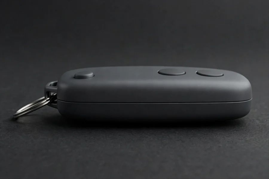 A generic car key fob photographed in close-up on a dark surface
