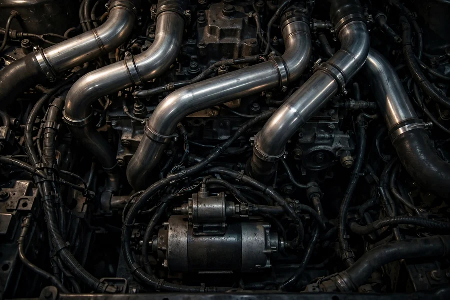 A close-up view of a starter motor among engine-bay wiring and intake tubing