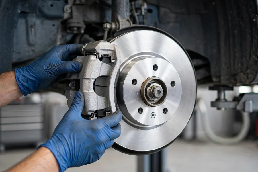 A mechanic's gloved hands installing a brake caliper and new pads on a front brake rotor with the wheel removed