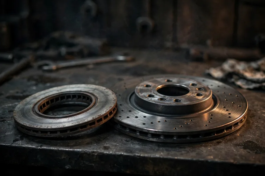 A small standard brake rotor next to a larger drilled performance brake rotor on a dark workshop bench