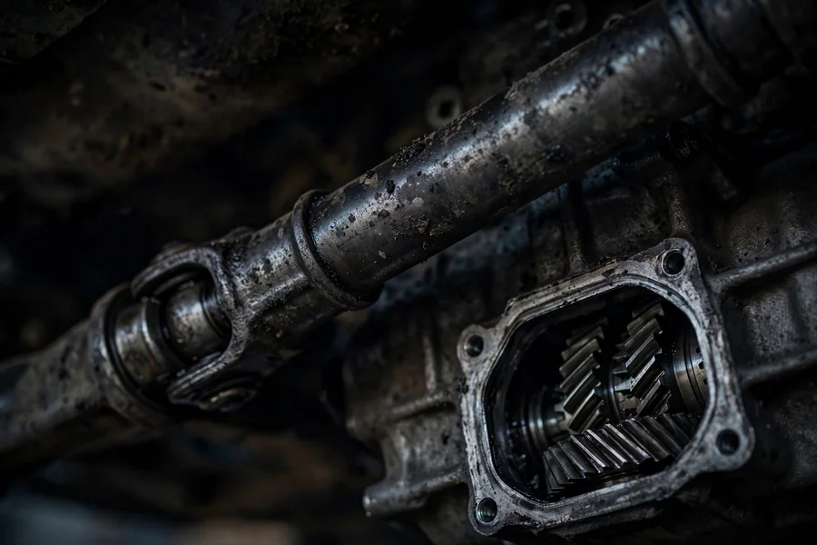 Close-up of automotive undercarriage drivetrain hardware, driveshaft and metal gearbox housing with visible gears