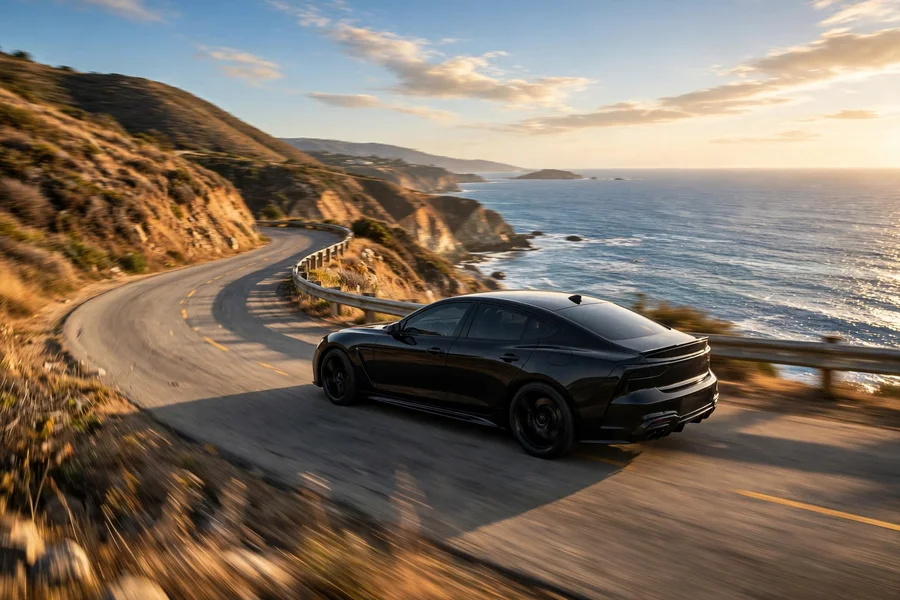 A black rear-wheel-drive sports sedan cornering on a dry sunlit winding coastal road at golden hour