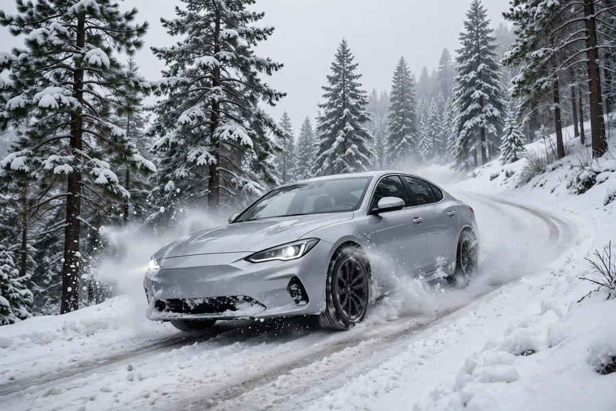 A silver sports sedan driving on a snowy forest road in winter, snow spraying from the tires