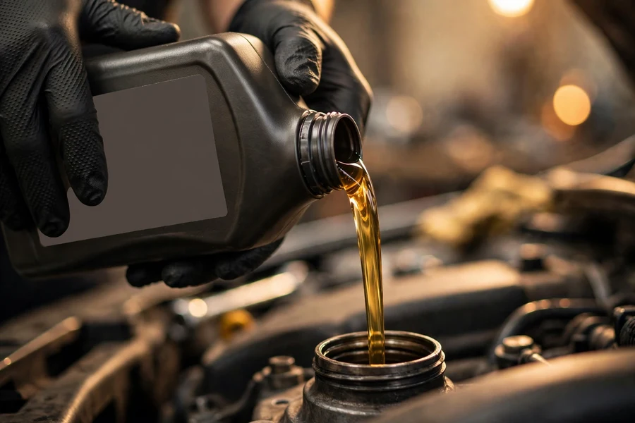 Fresh engine oil being poured into the oil filler during a BMW 3 Series oil change