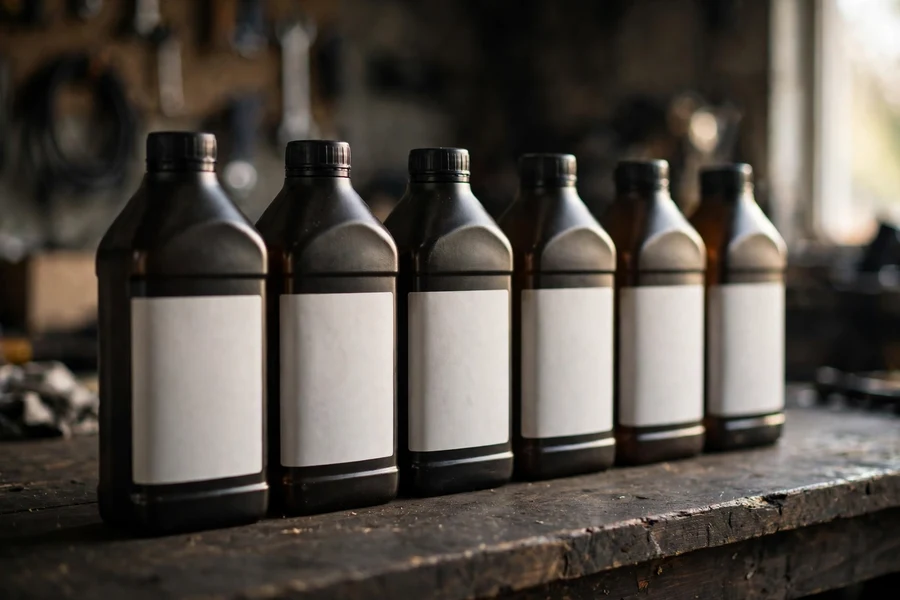 A row of unmarked motor oil bottles on a workbench — only an oil carrying your engine's BMW Longlife approval belongs in your 3 Series