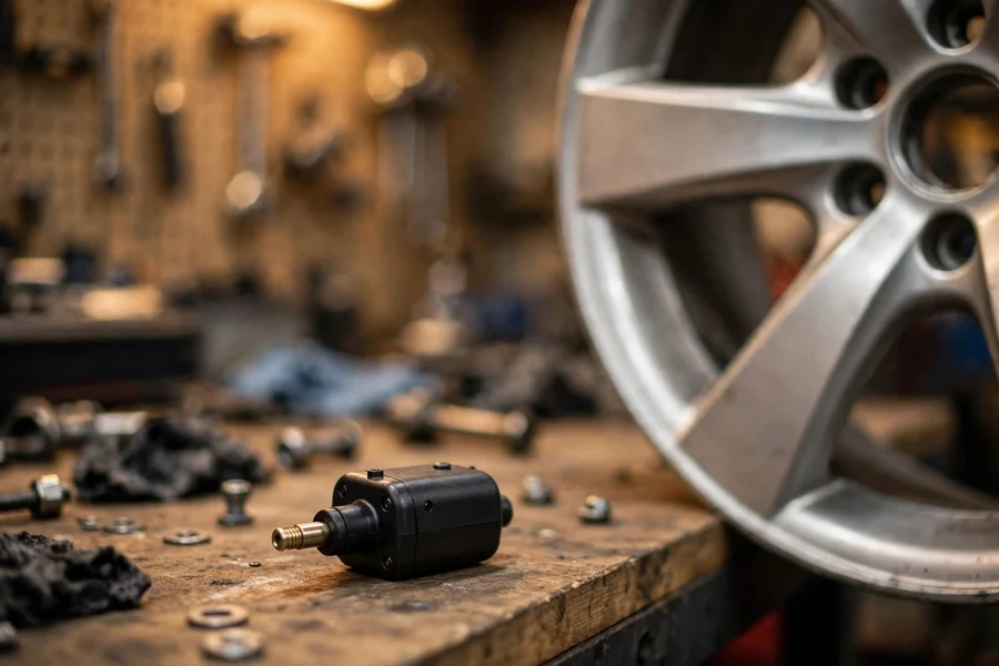 A tire pressure monitoring sensor resting on a workbench beside a wheel during replacement