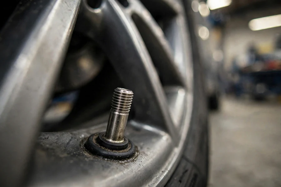 Close-up of a BMW wheel valve stem area where a direct TPMS sensor mounts inside the wheel