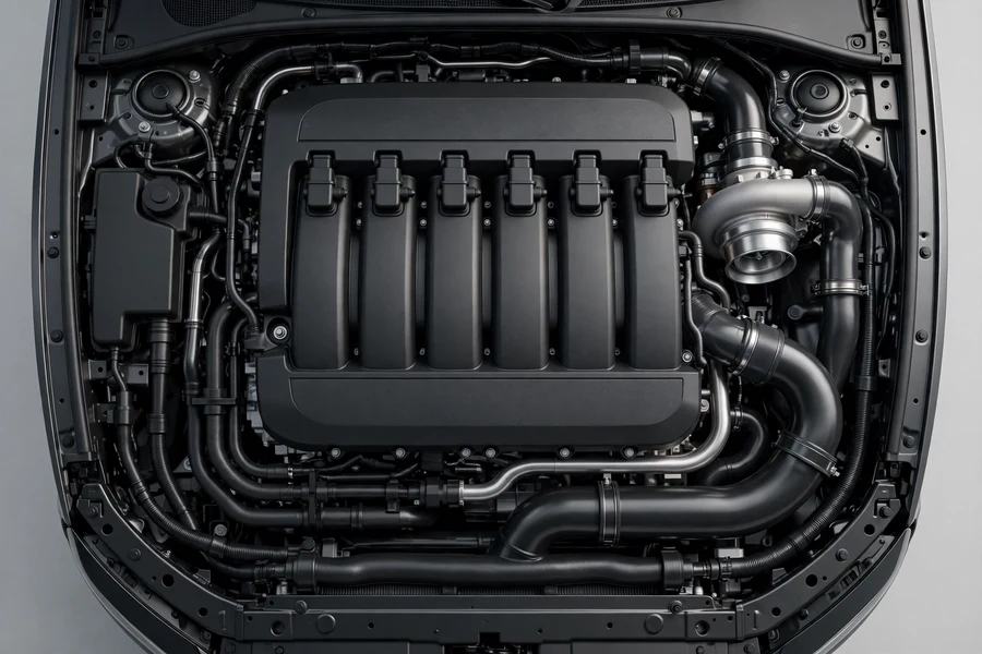 A clean BMW inline-six engine bay with no readable labels or markings