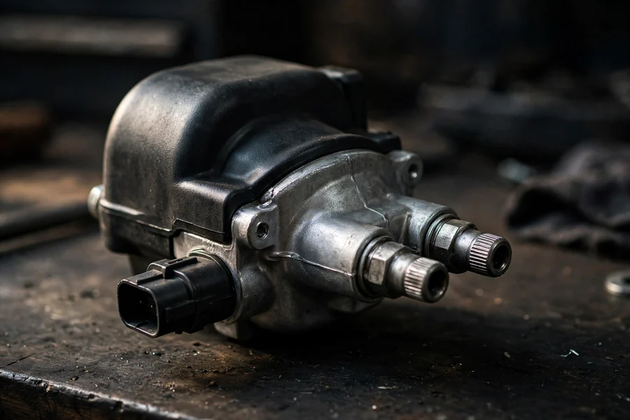 Close-up of a generic electric coolant pump unit on a workbench, the type used in BMW E90 and F30 models
