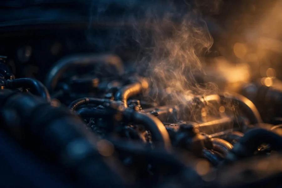 Heat vapor rising from a hot engine bay, illustrating overheating from water pump failure