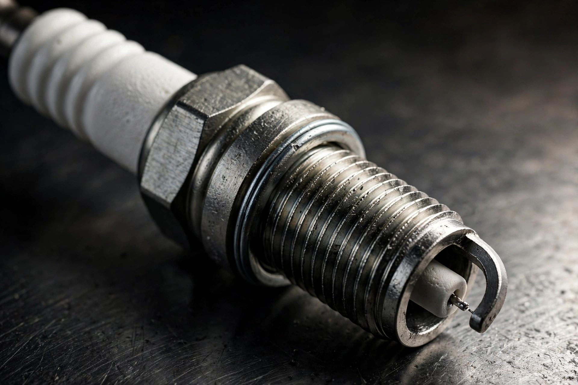 Close-up of an iridium spark plug with a white ceramic insulator lying on a dark surface, showing the electrode detail