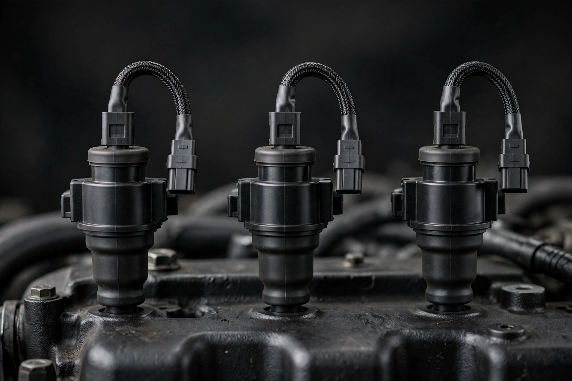 Three ignition coil packs with wiring connectors mounted on a dark engine, illustrating the components removed during a spark plug service