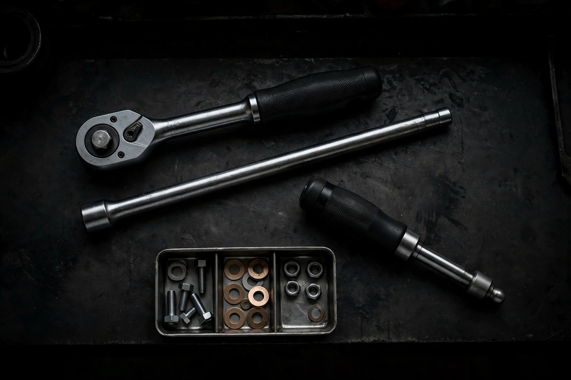 Ratchet, long extension, and small parts arranged on a dark workbench — the basic tool set for a BMW spark plug replacement