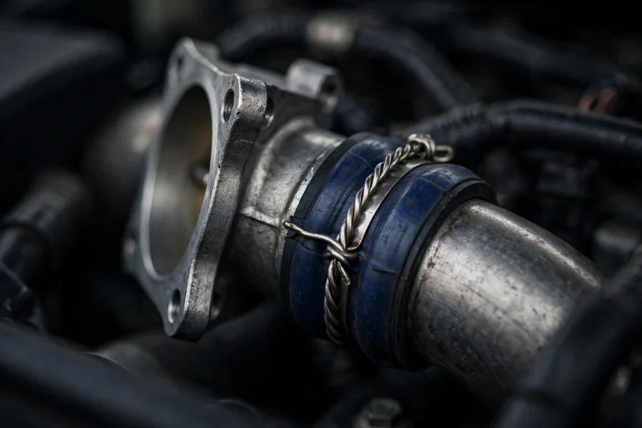 Close-up of a charge pipe throttle-body flange with its retaining clip and coupler &mdash; the joint where cracks appear most often
