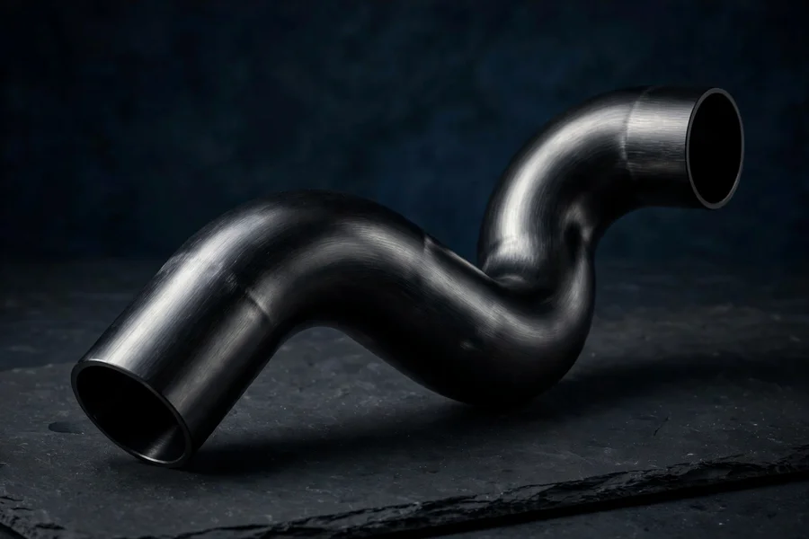 A mandrel-bent black aluminum aftermarket charge pipe photographed in a studio &mdash; the shape that replaces the failure-prone factory plastic tube