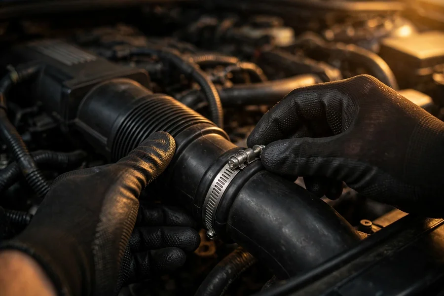 Gloved hands inspecting a hose clamp joint on a plastic intake pipe in a BMW engine bay during a preventive check