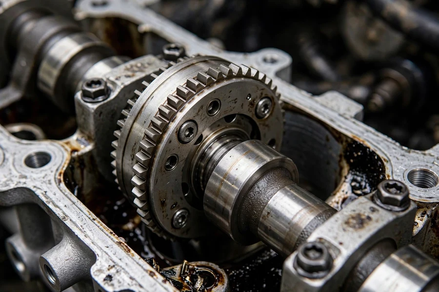 Close-up of a variable valve timing camshaft phaser gear mounted on a camshaft inside an open cylinder head