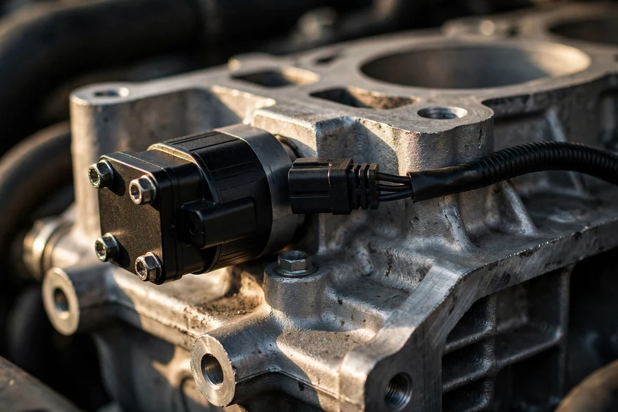 Close-up of an electric valve-lift actuator motor mounted on an aluminum engine cylinder head with its wiring connector