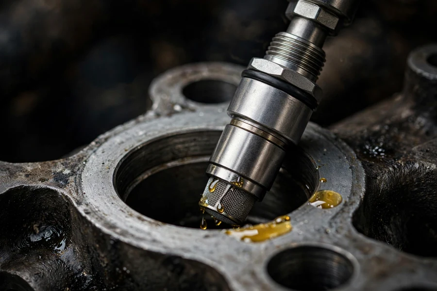 Macro view of an oil-control solenoid valve with a fine mesh filter screen, partially seated in an engine cylinder head bore with oil droplets