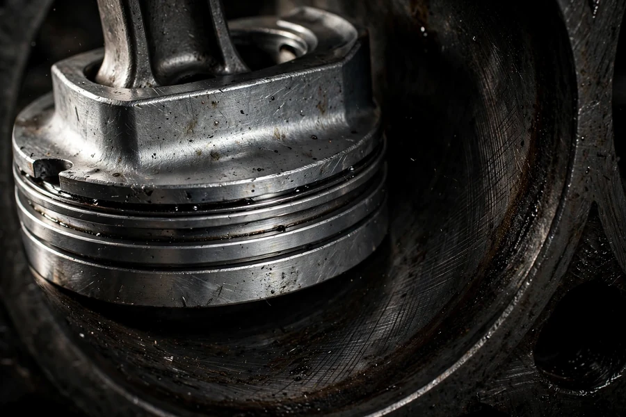Close-up of an automotive piston with thin low-tension rings next to a worn cylinder bore