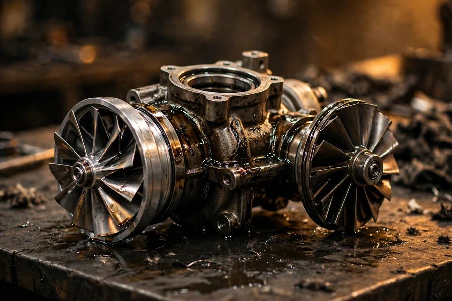 Oil-wet turbocharger with compressor and turbine wheels on a workbench