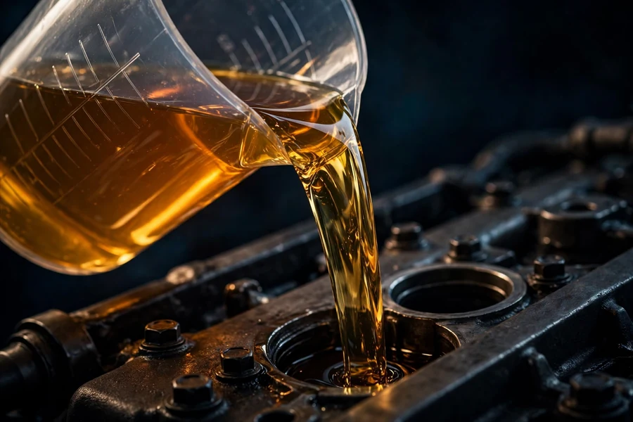 Fresh golden motor oil being poured from a measuring container into an engine