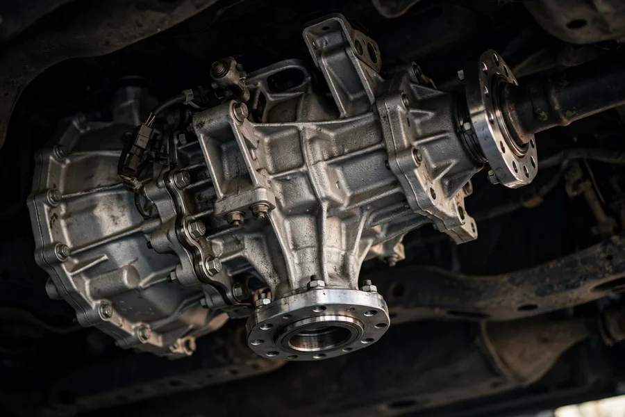 xDrive transfer case mounted behind the transmission on a BMW 3 Series undercarriage, showing the drivetrain tunnel and driveshaft connections