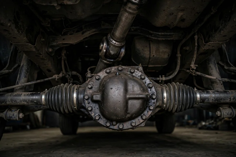 Front differential and front driveshaft detail on a BMW xDrive undercarriage, showing the differential housing tucked behind underbody panels