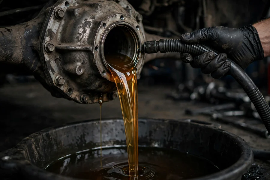 Fresh gear oil being pumped into a differential housing during an xDrive driveline fluid service in a repair shop