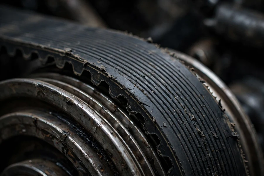Close-up of a ribbed serpentine belt showing wear and aging on its rubber surface