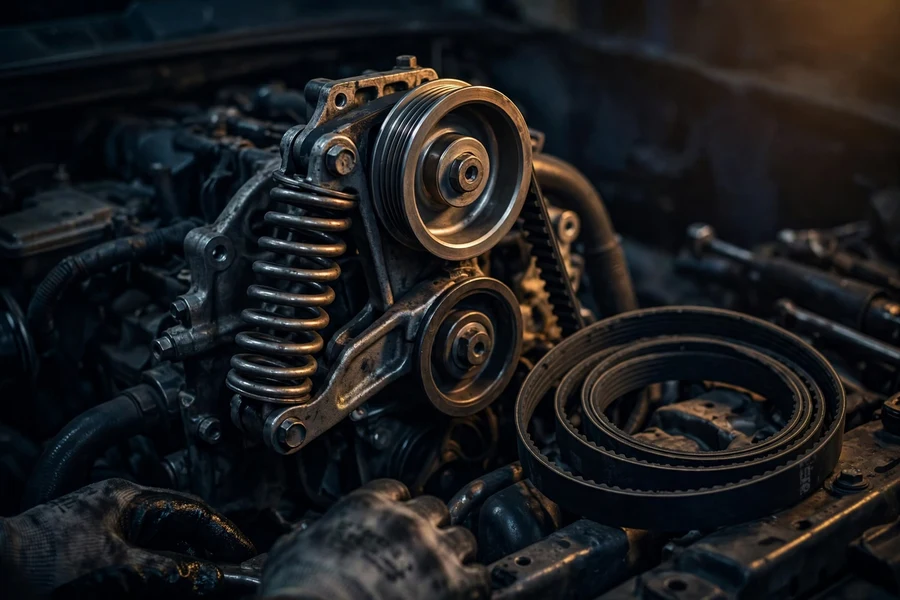 A belt tensioner assembly with pulley on the front of an engine, with a replacement belt beside it