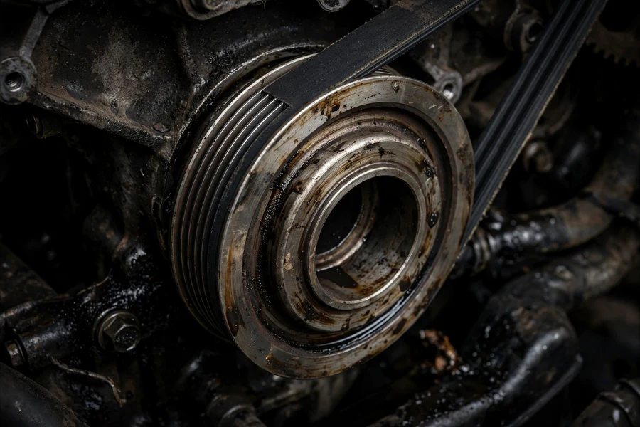 Crankshaft pulley with a serpentine belt wrapped around it at the front of an engine