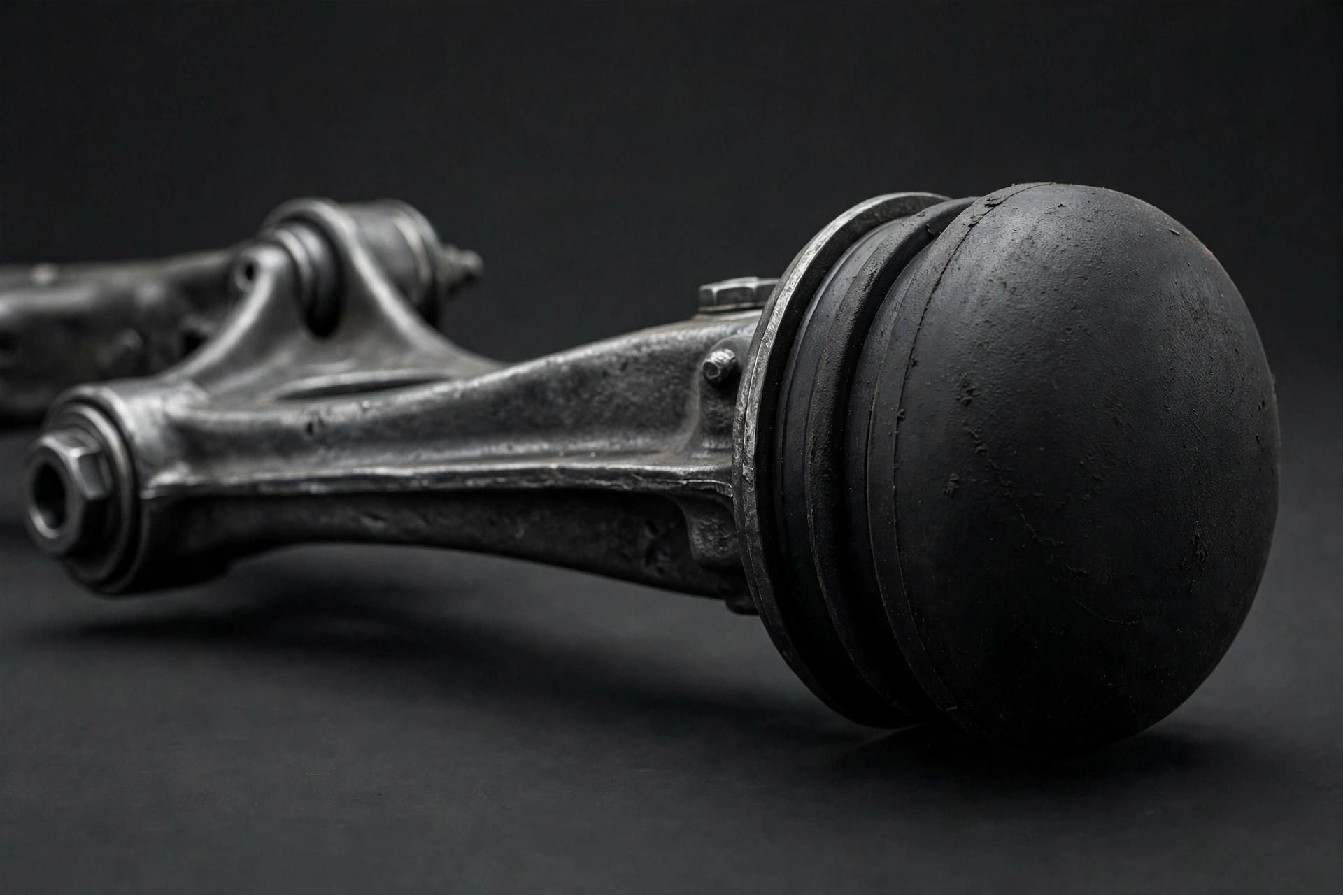 Close-up of a suspension control arm with a large round rubber bushing, showing the rubber joint detail at the arm end