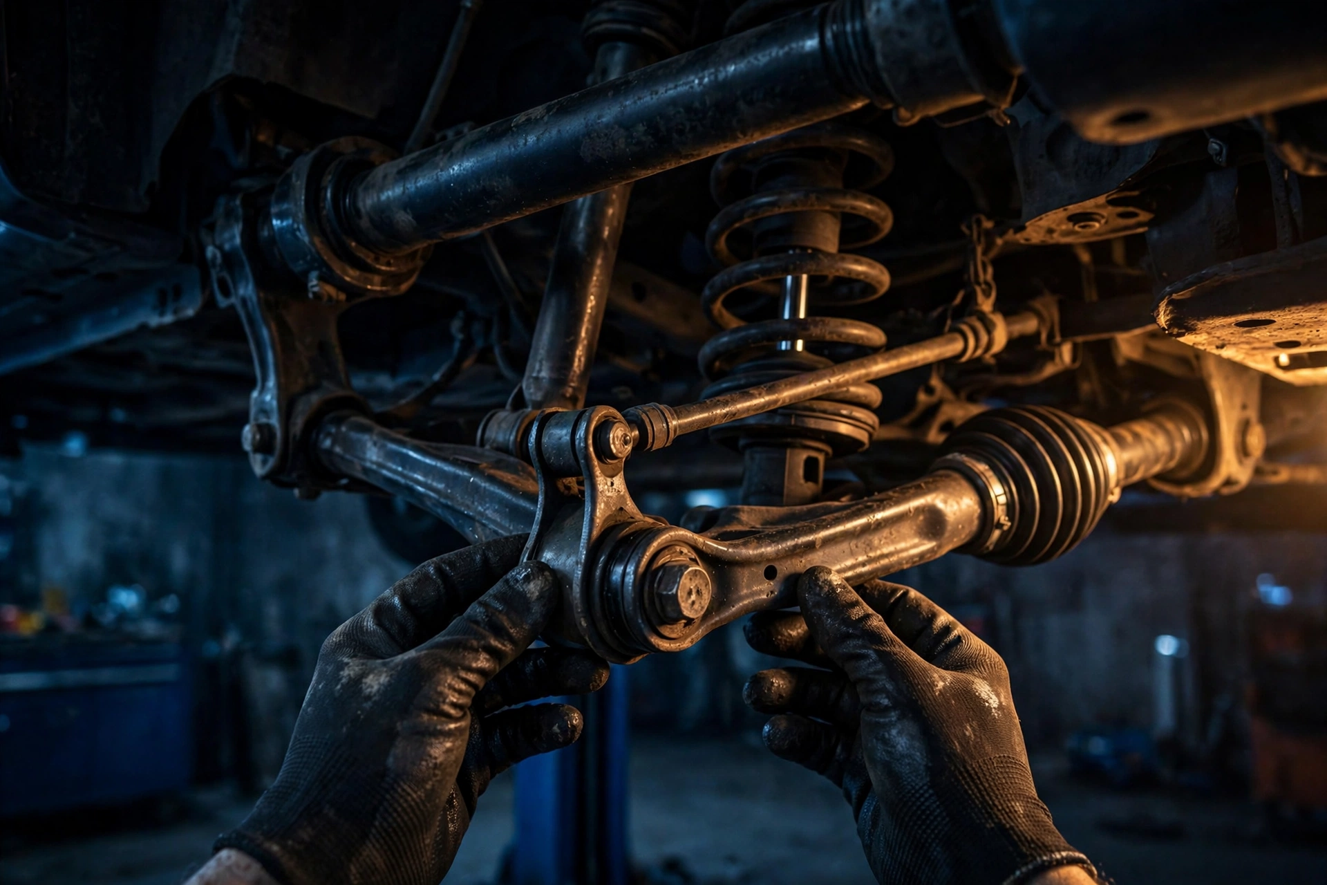 Gloved hands inspecting a front suspension control arm and bushing area under a lifted BMW 3 Series in a workshop