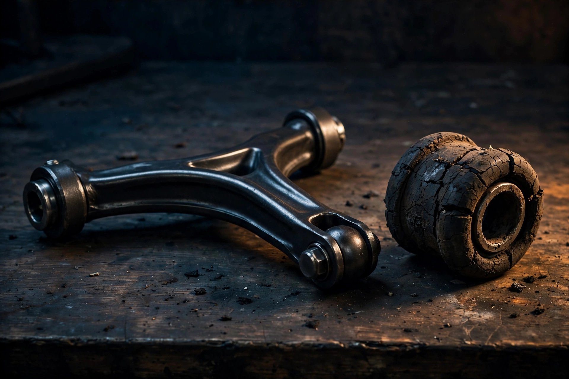 A new suspension control arm beside a worn, cracked rubber bushing on a workbench, illustrating the failed part