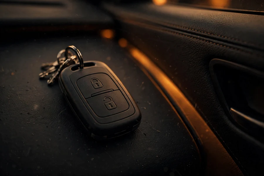 Car key fob with lock and unlock buttons resting on a dark dashboard surface
