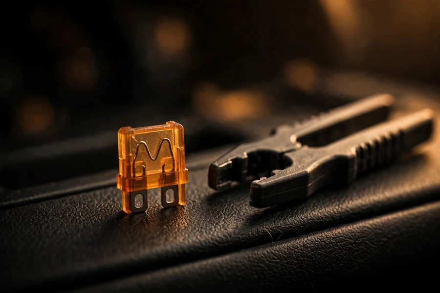 Automotive blade fuse and fuse puller resting on dark interior trim