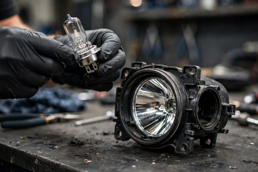 Gloved hands holding a replacement headlight bulb next to an open headlamp housing on a workbench