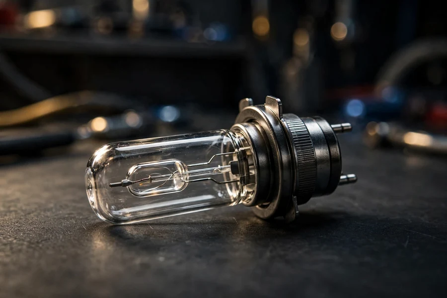 Close-up macro view of a gas-discharge headlight bulb with glass capsule and metal base on a workbench