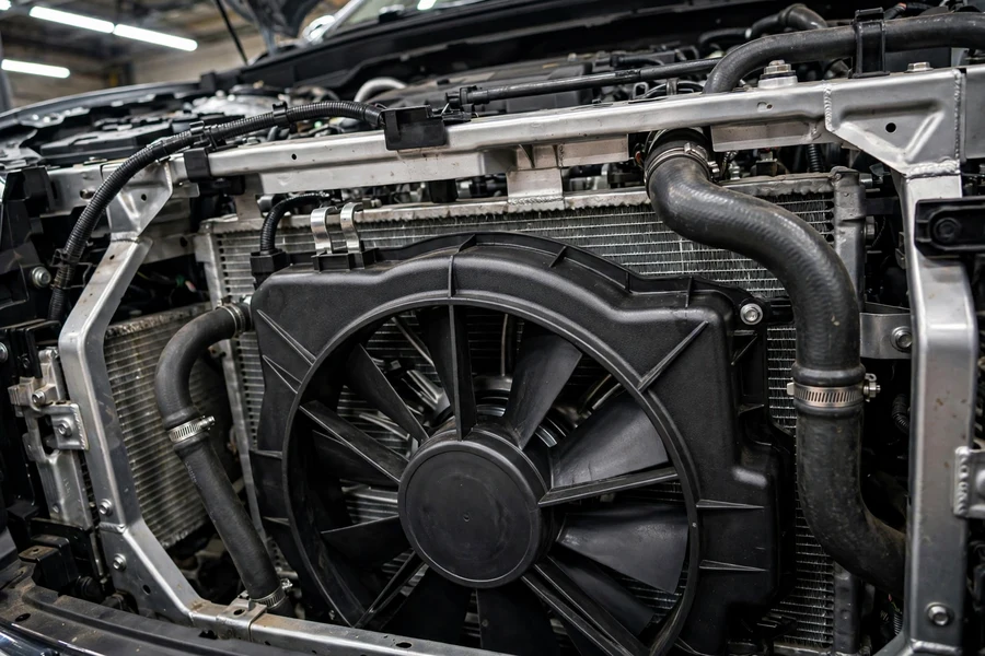 Close-up of a coolant expansion tank and hoses in a BMW engine bay