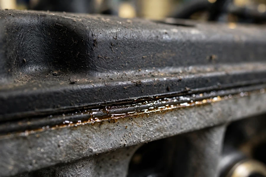 Close-up of a BMW inline-6 engine bay with the plastic valve cover and ignition coils visible, showing typical oil residue around the cover perimeter