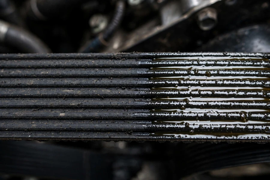 Close-up of oil seepage around a BMW oil filter housing at the front of the engine
