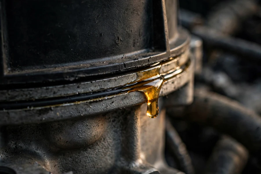 Serpentine belt and pulleys at the front of a BMW engine — the area oil reaches when the housing gasket leaks