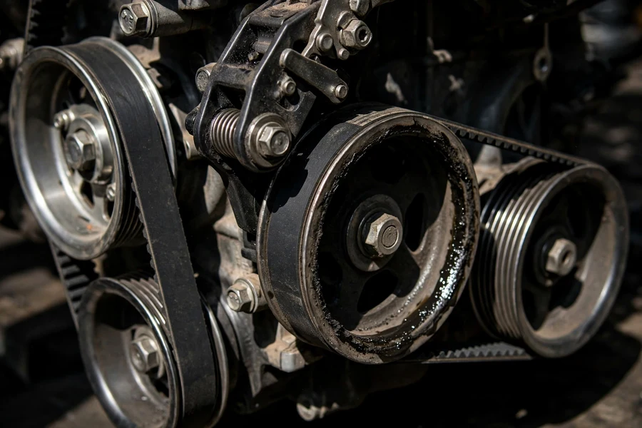 Technician replacing gaskets on a BMW engine with the intake manifold loosened for access