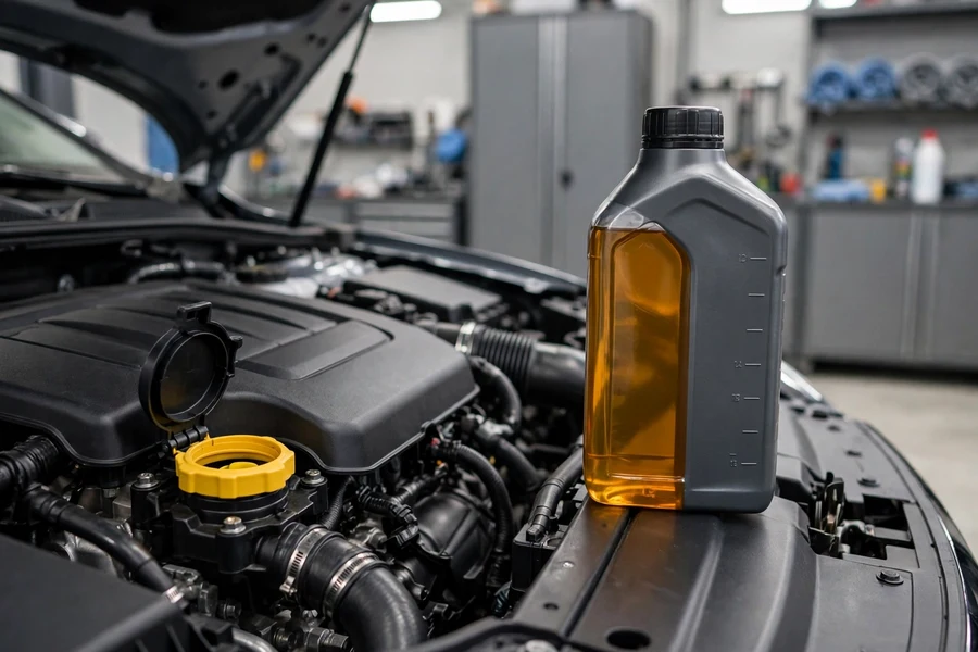 BMW engine bay close-up showing the oil filler cap area used when topping up engine oil