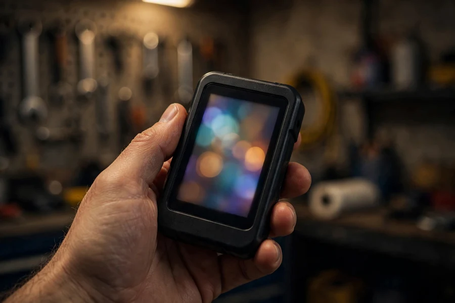 Smartphone showing a BMW diagnostic app paired with a Bluetooth OBD2 adapter plugged into a car's diagnostic port