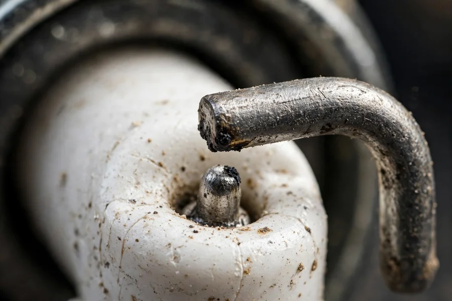 Close-up of an ignition coil showing heat damage and a cracked casing from insulation breakdown